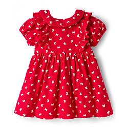 Babyhug Cotton Knit Half Sleeves Frock With Butterfly Print - Red