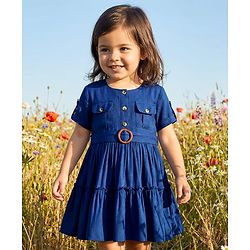 Babyhug Cotton Woven Half Sleeves Solid Frock - Navy Blue