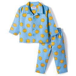 Babyhug Cotton Woven Full Sleeves Co-ords Night Suit With Smiley Print - Blue