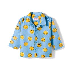 Babyhug Cotton Woven Full Sleeves Co-ords Night Suit With Smiley Print - Blue