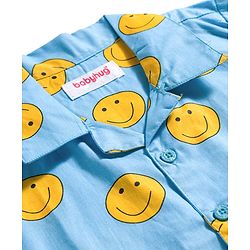 Babyhug Cotton Woven Full Sleeves Co-ords Night Suit With Smiley Print - Blue