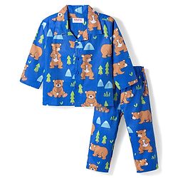 Babyhug Cotton Woven Full Sleeves Night Suit With Animal Print - Navy Blue