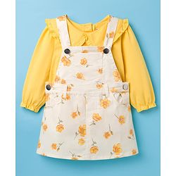 Babyhug Twill Woven Floral Printed Frock with Full Sleeves Inner Tee - White & Yellow