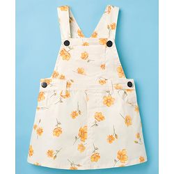 Babyhug Twill Woven Floral Printed Frock with Full Sleeves Inner Tee - White & Yellow