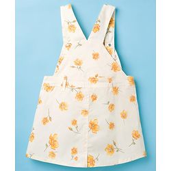 Babyhug Twill Woven Floral Printed Frock with Full Sleeves Inner Tee - White & Yellow