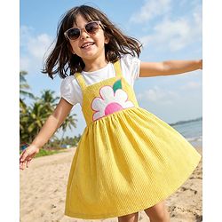 Babyhug Single Jersey Knit Half Puffed Sleeves Frock with Inner Tee & Floral Embroidery - Yellow & White