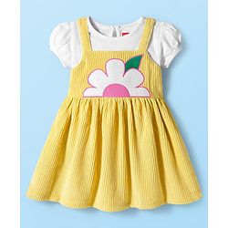 Babyhug Single Jersey Knit Half Puffed Sleeves Frock with Inner Tee & Floral Embroidery - Yellow & White