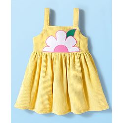 Babyhug Single Jersey Knit Half Puffed Sleeves Frock with Inner Tee & Floral Embroidery - Yellow & White