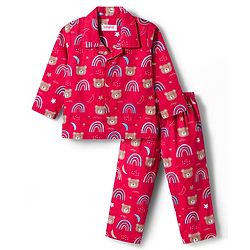 Babyhug Cotton Woven Full Sleeves Co-ord Night Suit With Teddy Bear & Unicorn Print - Red