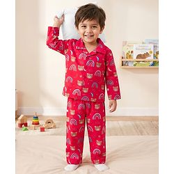 Babyhug Cotton Woven Full Sleeves Co-ord Night Suit With Teddy Bear & Unicorn Print - Red