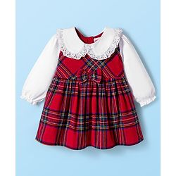 Babyhug Cotton Woven Full Sleeves Checkered Frock with Bow Applique - Red