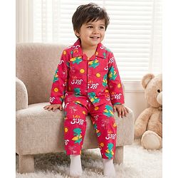 Babyhug Cotton Woven Full Sleeves Co-ord Night Suit With Dino Print - Red