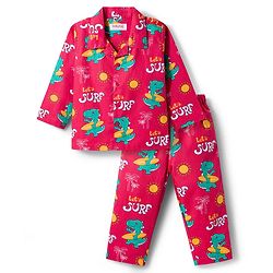 Babyhug Cotton Woven Full Sleeves Co-ord Night Suit With Dino Print - Red
