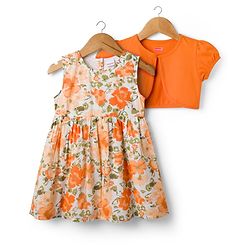 Babyhug Cotton Woven Floral Printed Frock with Half Sleeves Shrug - Orange