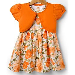 Babyhug Cotton Woven Floral Printed Frock with Half Sleeves Shrug - Orange