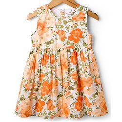 Babyhug Cotton Woven Floral Printed Frock with Half Sleeves Shrug - Orange