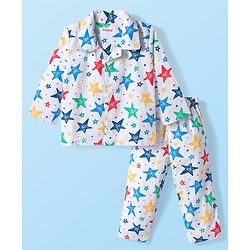 Babyhug Cotton Woven Full Sleeves Co-ord Night Suit With Star Print - White