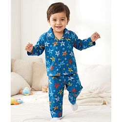 Babyhug Cotton Woven Full Sleeves Co-ord Night Suit With Star Print - Navy Blue