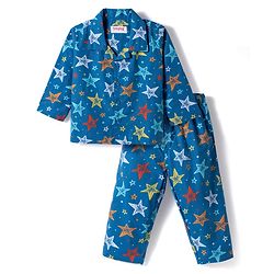 Babyhug Cotton Woven Full Sleeves Co-ord Night Suit With Star Print - Navy Blue