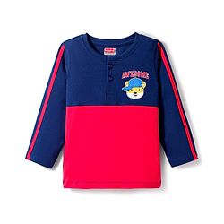 Babyhug Cotton Knit Full Sleeves Cut & Sew T-Shirt with Tiger Graphic & Tape Detailing - Red & Navy Blue