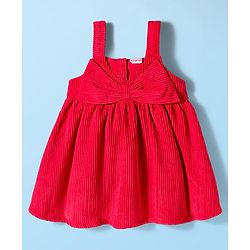 Babyhug Woven Frock with Half Sleeves Inner Tee & Bow Applique Polka Dot Print - Red & White