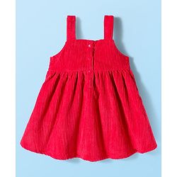 Babyhug Woven Frock with Half Sleeves Inner Tee & Bow Applique Polka Dot Print - Red & White