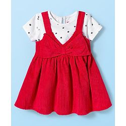 Babyhug Woven Frock with Half Sleeves Inner Tee & Bow Applique Polka Dot Print - Red & White