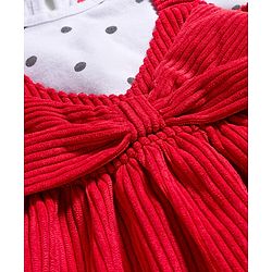 Babyhug Woven Frock with Half Sleeves Inner Tee & Bow Applique Polka Dot Print - Red & White