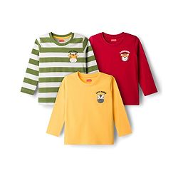 Babyhug Cotton Knit Full Sleeves Striped & Animal Printed T-Shirts Pack of 3 - Yellow Red & Green