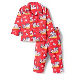 Babyhug Cotton Woven Full Sleeves Co-ord Night Suit With Shark Print - Red
