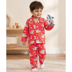 Babyhug Cotton Woven Full Sleeves Co-ord Night Suit With Shark Print - Red