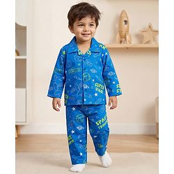 Babyhug Cotton Woven Full Sleeves Front Open Co-Ord Night Suit with Space Theme Print - Blue