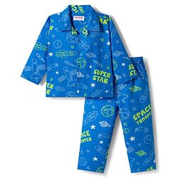 Babyhug Cotton Woven Full Sleeves Front Open Co-Ord Night Suit with Space Theme Print - Blue