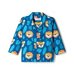 Babyhug Cotton Woven Full Sleeves Front Open Co-Ord Night Suit with Animal Print - Navy Blue