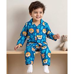 Babyhug Cotton Woven Full Sleeves Front Open Co-Ord Night Suit with Animal Print - Navy Blue