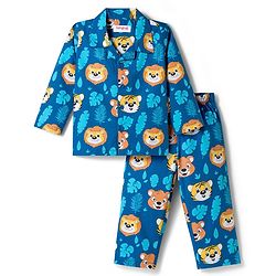 Babyhug Cotton Woven Full Sleeves Front Open Co-Ord Night Suit with Animal Print - Navy Blue