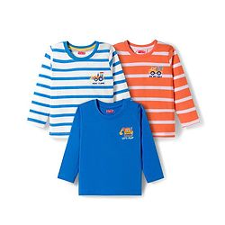 Babyhug Cotton Knit Full Sleeves Striped & Vehicle Printed T-Shirts Pack of 3 - Blue Orange & White