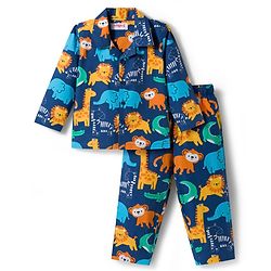 Babyhug Cotton Woven Full Sleeves Front Open Co-Ord Night Suit with Animal Print - Navy Blue