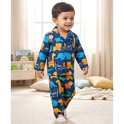 Babyhug Cotton Woven Full Sleeves Front Open Co-Ord Night Suit with Animal Print - Navy Blue