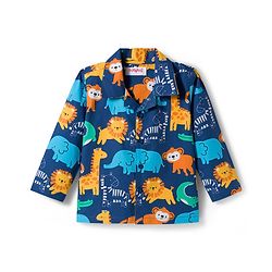 Babyhug Cotton Woven Full Sleeves Front Open Co-Ord Night Suit with Animal Print - Navy Blue