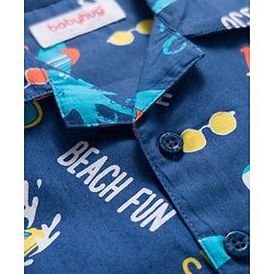 Babyhug Cotton Woven Full Sleeves Co-ord Night Suit With Sea Animal Print - Navy Blue