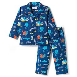 Babyhug Cotton Woven Full Sleeves Co-ord Night Suit With Sea Animal Print - Navy Blue