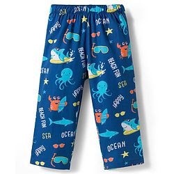 Babyhug Cotton Woven Full Sleeves Co-ord Night Suit With Sea Animal Print - Navy Blue