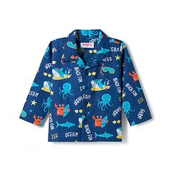 Babyhug Cotton Woven Full Sleeves Co-ord Night Suit With Sea Animal Print - Navy Blue
