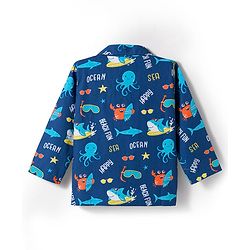 Babyhug Cotton Woven Full Sleeves Co-ord Night Suit With Sea Animal Print - Navy Blue