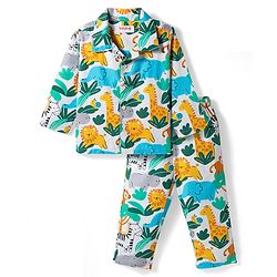 Babyhug 100% Cotton Woven Full Sleeves Co-ord Night Suit With Animal Print - White