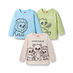 Babyhug Cotton Knit Full Sleeves T-Shirts with Animal Print Pack of 3 - Cream Light Blue & Green