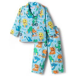 Babyhug Cotton Woven Full Sleeves Co-ord Night Suit With Dino Print - Light Blue