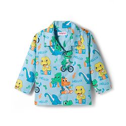 Babyhug Cotton Woven Full Sleeves Co-ord Night Suit With Dino Print - Light Blue