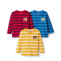 Babyhug Cotton Knit Full Sleeves Striped & Number Printed T-Shirts Pack of 3 - Red Yellow & Blue